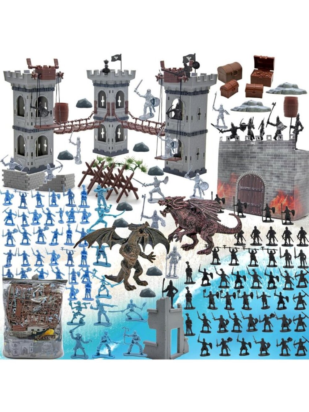 Medieval Castle Knight Toy Soldiers Set - Action Figures, Dragons, Bridges & Map